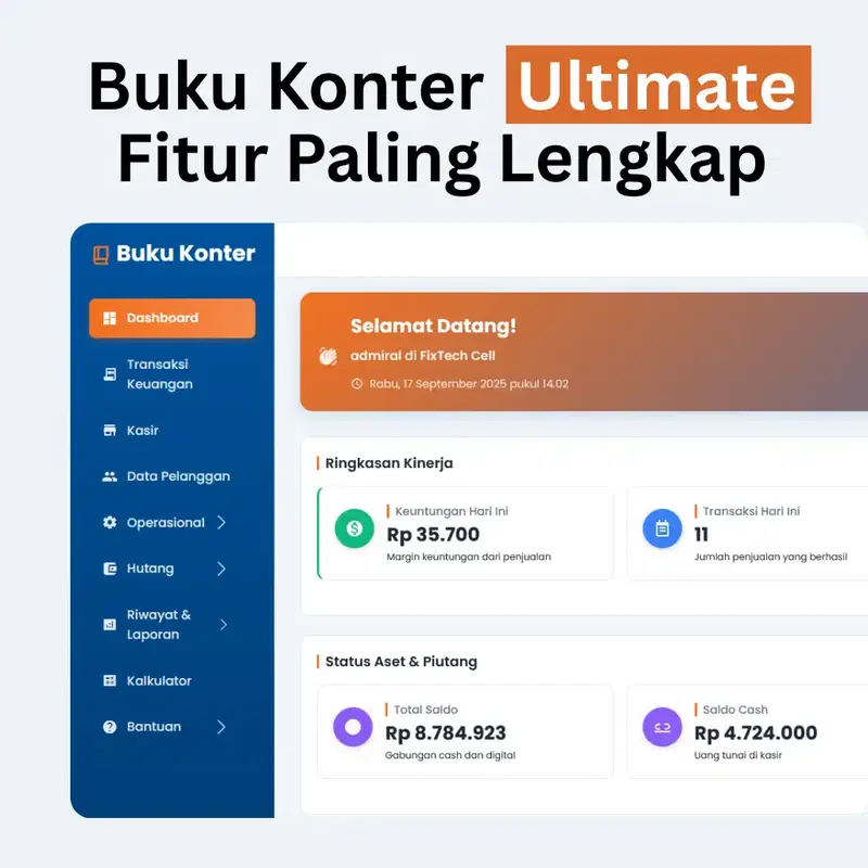 Buku Konter Ultimate - 1X Beli, Online, Akses dari HP, Tab Laptop Fitur Paling Lengkap (untuk 1 Toko) + Bonus dibuatkan jadi APK