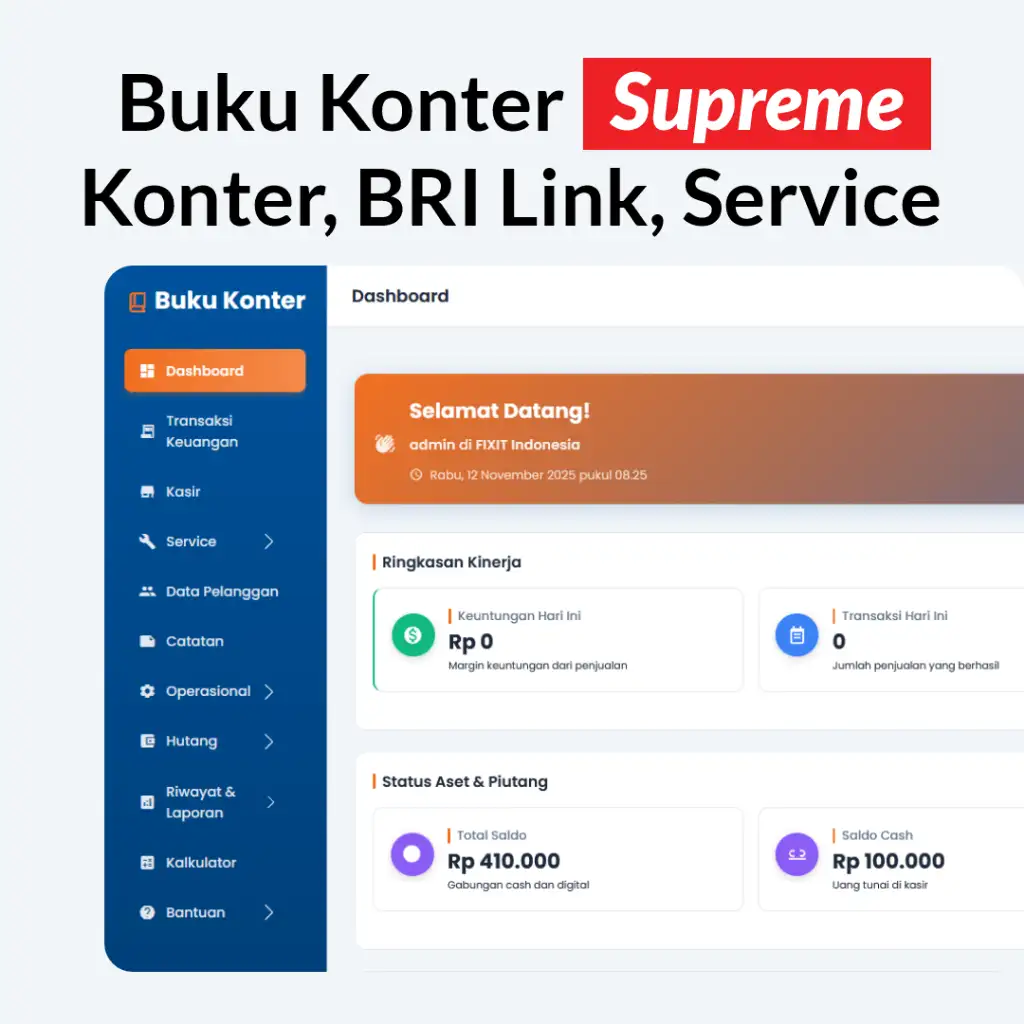 Buku Konter Supreme - 1X Beli, Online, Akses dari HP, Tab Laptop Fitur Paling Lengkap + Kelola Service HP (untuk 1 Toko) + Bonus dibuatkan jadi APK